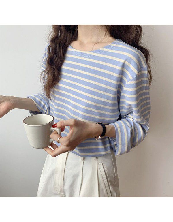 Long-sleeved striped t-shirt women's cotton loose autumn new style Korean T-shirt bottom coat women 