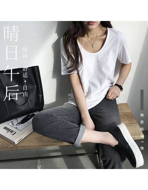 Large neckline, short sleeve, solid color t-shirt, women's loose, u-neck, heart machine, collarbone, thin, sexy, white minority top, women's fashion 