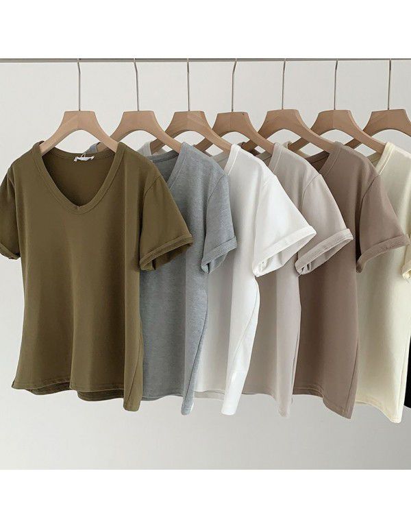 Spring New Style Korean Morandi Solid Color Versatile Short Sleeve T-shirt Women 