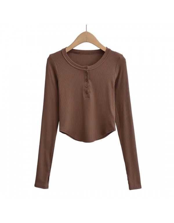 Summer Euro American Style Round Neck Half Open Button Curved Edge Slim Fit Short Top Round Neck Slim Fit Women's T-Shirt