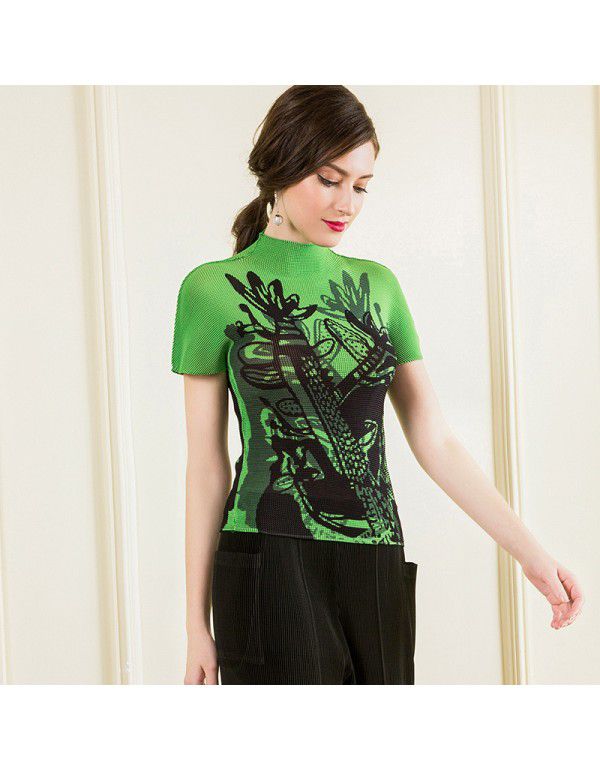 Three curtilage pleated top high neck T-shirt women's short sleeve summer new slimming and versatile bottom shirt for women's wear 