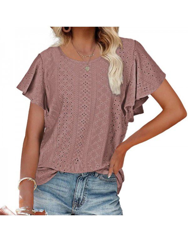 Summer New European and American Women's Dress Women's Top Hollow Waist Ruffle Sleeve Casual T-shirt