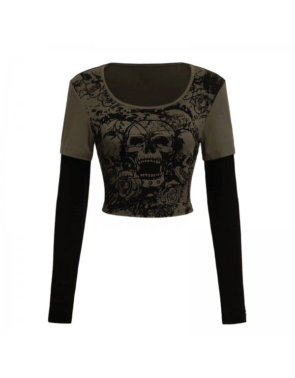 Women's tight-fitting long-sleeved T-shirt fake 2 pieces of street hip-hop sports casual bottoms 