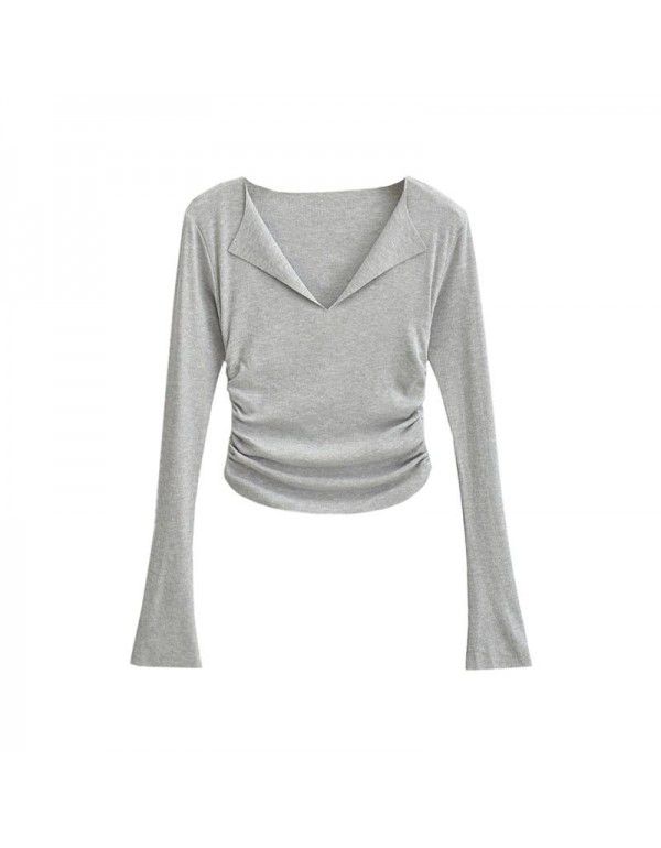 Pure desire V-neck flanging flared sleeve T-shirt for female minority Spicy girls pleated slim high waist short solid color bottom top 