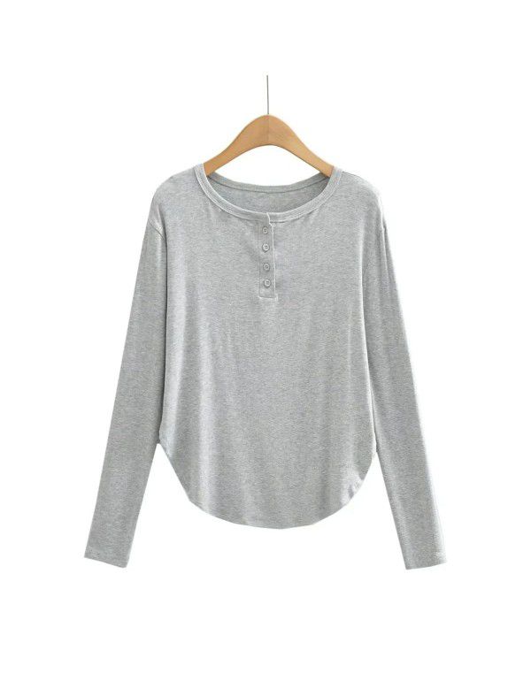 Summer new women's curved hem access control three-button round neck long sleeve loose casual long T-shirt top 