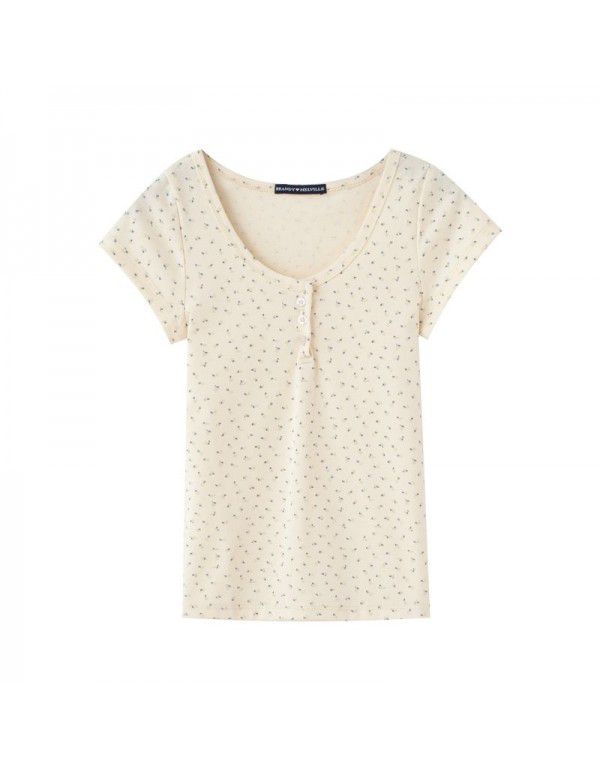 New small fresh floral top three-button short-sleeved round-neck T-shirt for women 