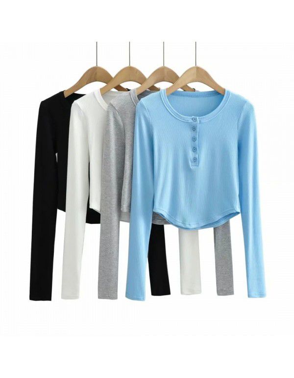 Summer Euro American Style Round Neck Half Open Button Curved Edge Slim Fit Short Top Round Neck Slim Fit Women's T-Shirt