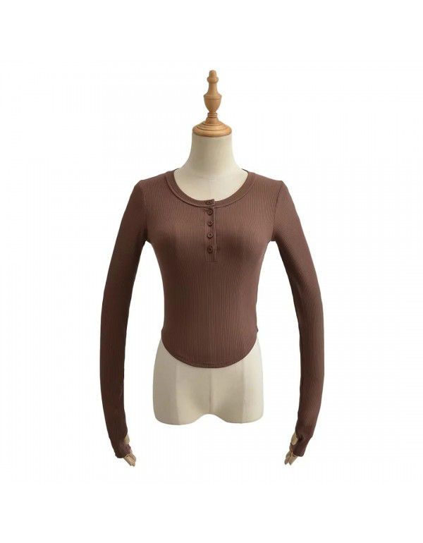 Summer Euro American Style Round Neck Half Open Button Curved Edge Slim Fit Short Top Round Neck Slim Fit Women's T-Shirt