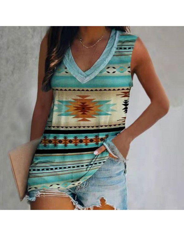 Summer New Vintage Ethnic Style European and American Women's Casual Sleeveless T-shirt