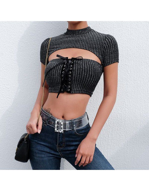 European and American Women's Fashion Summer New Sexy Hollow Lace Slim Fit Open Umbilical Bright Silk T-shirt Women