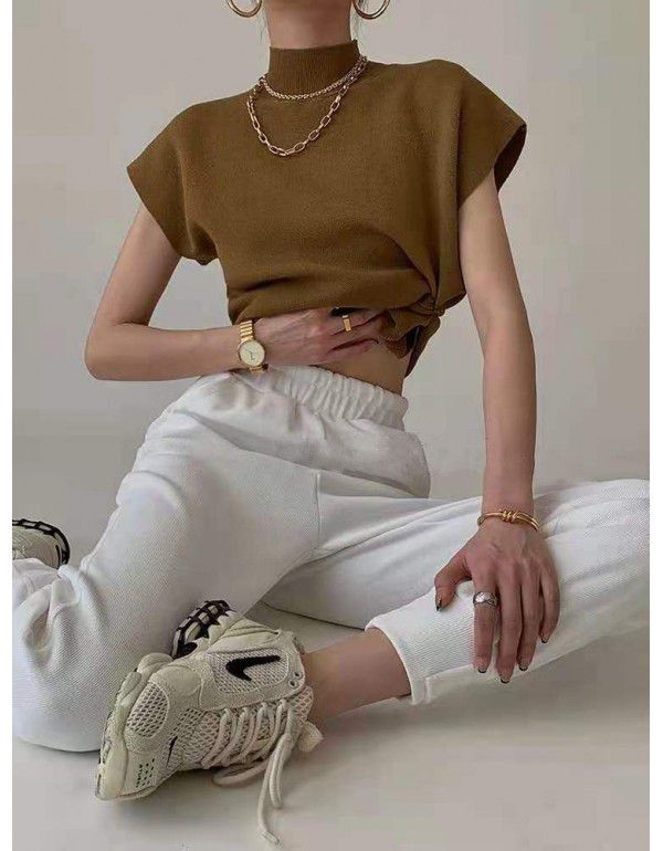 Korean version of the new half high neck camisole knitted vest T-shirt for women's simple loose short sleeve top summer