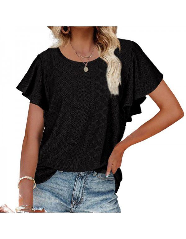 Summer New European and American Women's Dress Women's Top Hollow Waist Ruffle Sleeve Casual T-shirt
