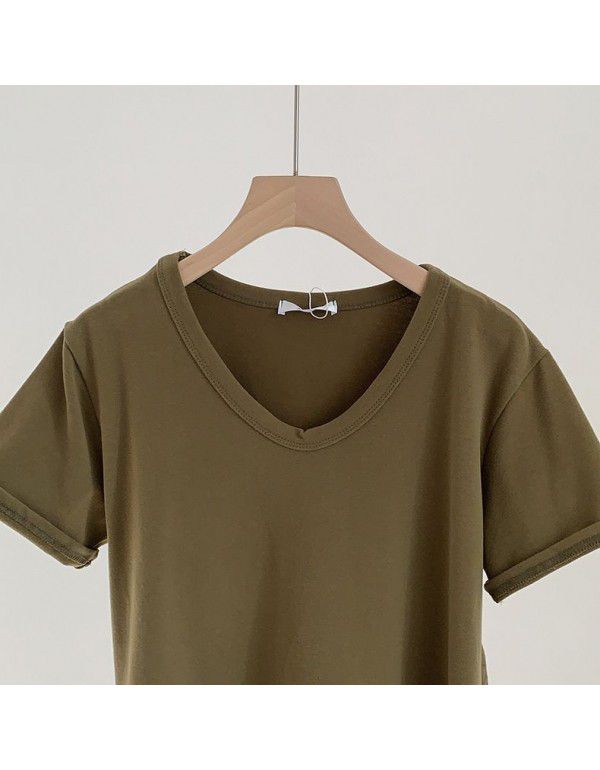 Spring New Style Korean Morandi Solid Color Versatile Short Sleeve T-shirt Women 