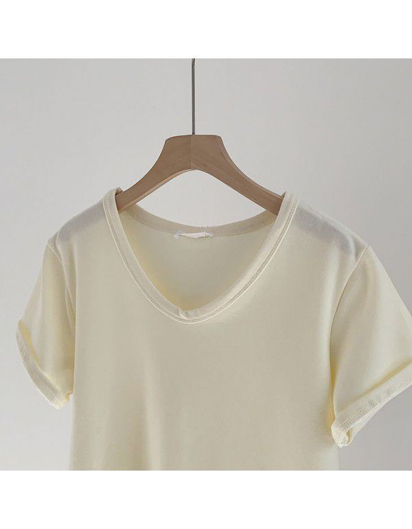 Spring New Style Korean Morandi Solid Color Versatile Short Sleeve T-shirt Women 