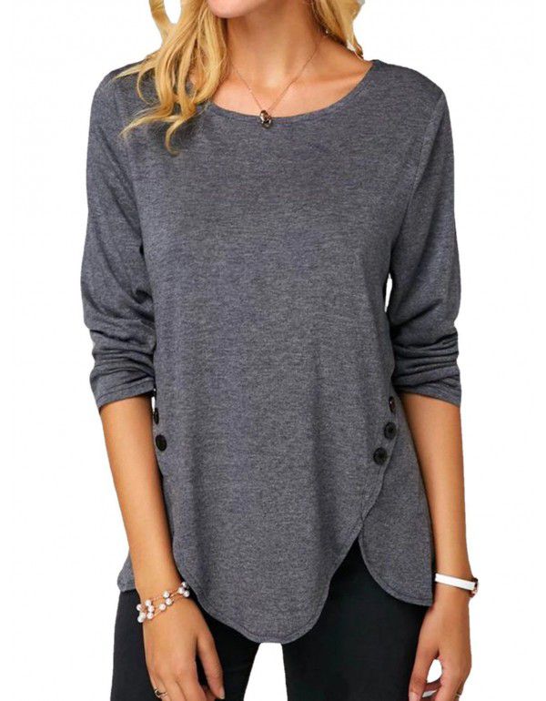 Spring/Summer Hot Style Irregular Button Hem Long Sleeve Crew Neck T-shirt
