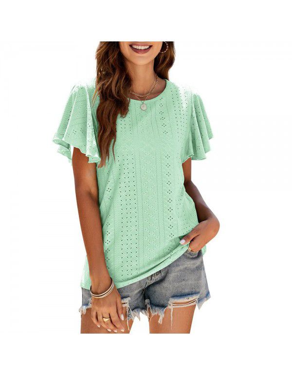 Summer New European and American Women's Dress Women's Top Hollow Waist Ruffle Sleeve Casual T-shirt