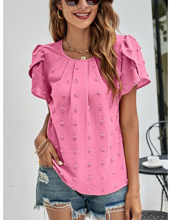 Summer New Round Neck Casual Tulip Sleeve T-shirt Jacquard Top Women