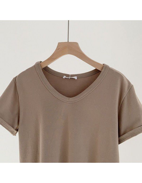 Spring New Style Korean Morandi Solid Color Versatile Short Sleeve T-shirt Women 