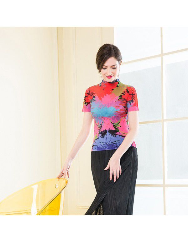 Three curtilage pleated top high neck T-shirt women's short sleeve summer new slimming and versatile bottom shirt for women's wear 