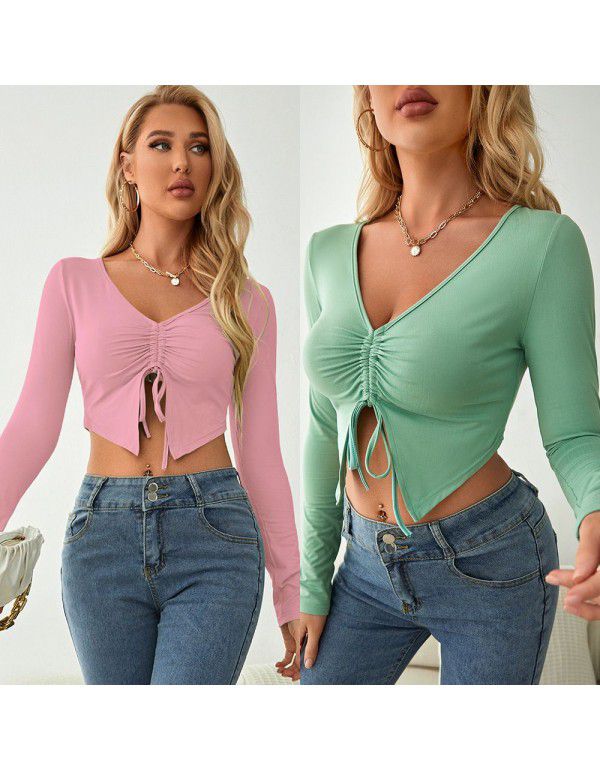 Sleeves drawcord slimming open navel top breathable pleated solid color simple sweet T-shirt women's casual spring and autumn top 