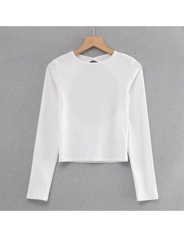 Long sleeve T-shirt sexy water drop large open back fashion women's autumn and winter solid color round neck short slim top 