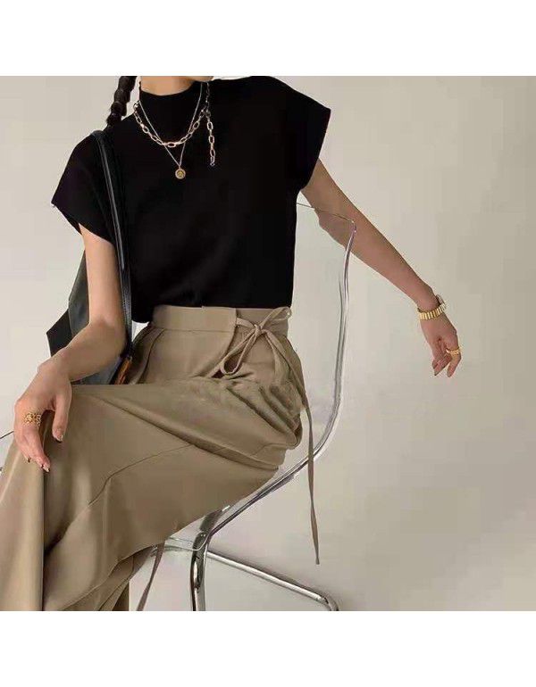 Korean version of the new half high neck camisole knitted vest T-shirt for women's simple loose short sleeve top summer