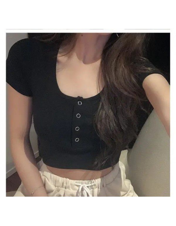 Summer New Slim Fit Short Crew Neck High Waist Slim Beware Machine Exposed Umbilical Short Sleeve T-shirt Women's Top Overlay 