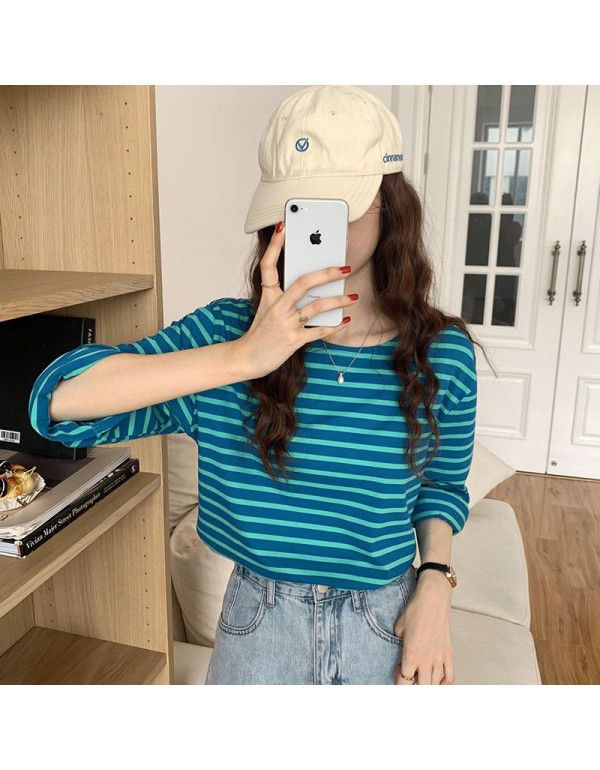 Long-sleeved striped t-shirt women's cotton loose autumn new style Korean T-shirt bottom coat women 