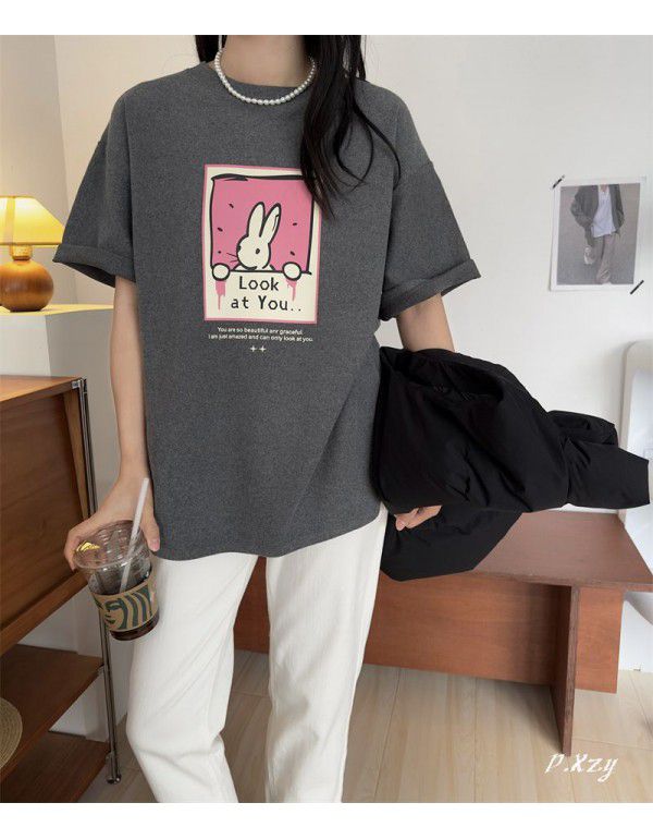 Fashion winter new women's Korean casual matte thickened T-shirt cartoon print pullover round neck 