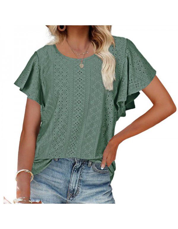 Summer New European and American Women's Dress Women's Top Hollow Waist Ruffle Sleeve Casual T-shirt