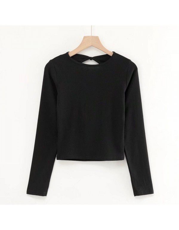 Long sleeve T-shirt sexy water drop large open back fashion women's autumn and winter solid color round neck short slim top 