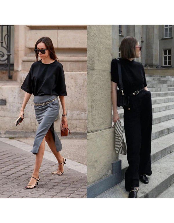 Spring and Summer Perforated Nordic Loose Solid T Shirt Round Neck Casual Fashion Profile Short Sleeve T Shirt Women 