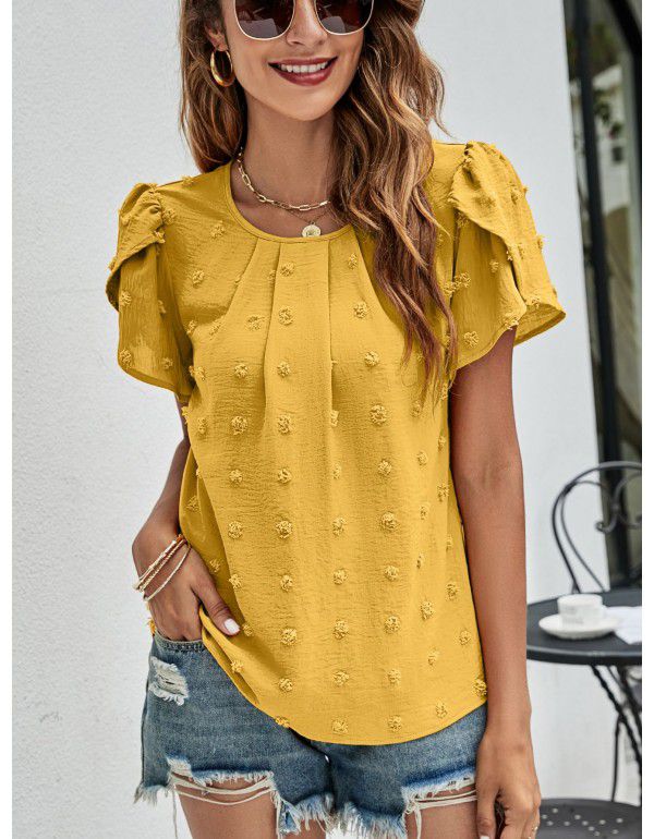 Summer New Round Neck Casual Tulip Sleeve T-shirt Jacquard Top Women