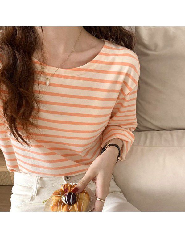 Long-sleeved striped t-shirt women's cotton loose autumn new style Korean T-shirt bottom coat women 