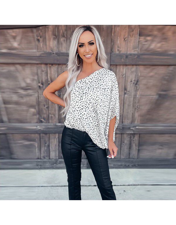 White leopard asymmetric one-shoulder chiffon shirt Women's Amazon cross-border fashion versatile top 25118532 