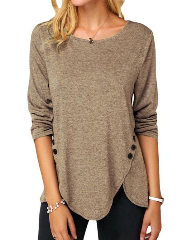 Spring/Summer Hot Style Irregular Button Hem Long Sleeve Crew Neck T-shirt