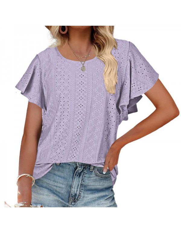 Summer New European and American Women's Dress Women's Top Hollow Waist Ruffle Sleeve Casual T-shirt