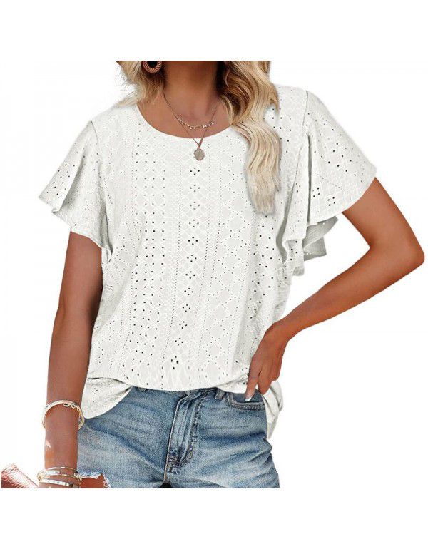 Summer New European and American Women's Dress Women's Top Hollow Waist Ruffle Sleeve Casual T-shirt