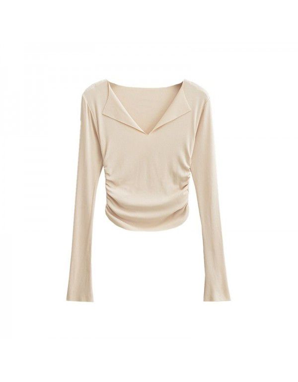 Pure desire V-neck flanging flared sleeve T-shirt for female minority Spicy girls pleated slim high waist short solid color bottom top 