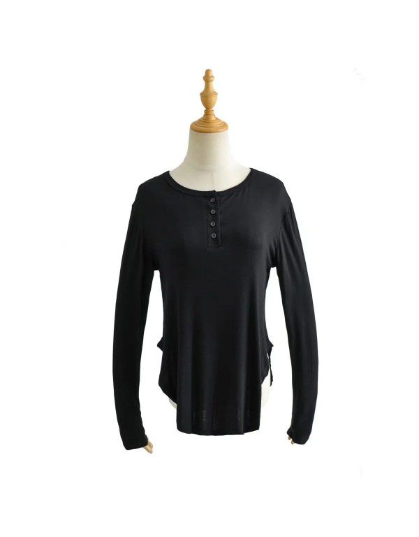 Summer new women's curved hem access control three-button round neck long sleeve loose casual long T-shirt top 