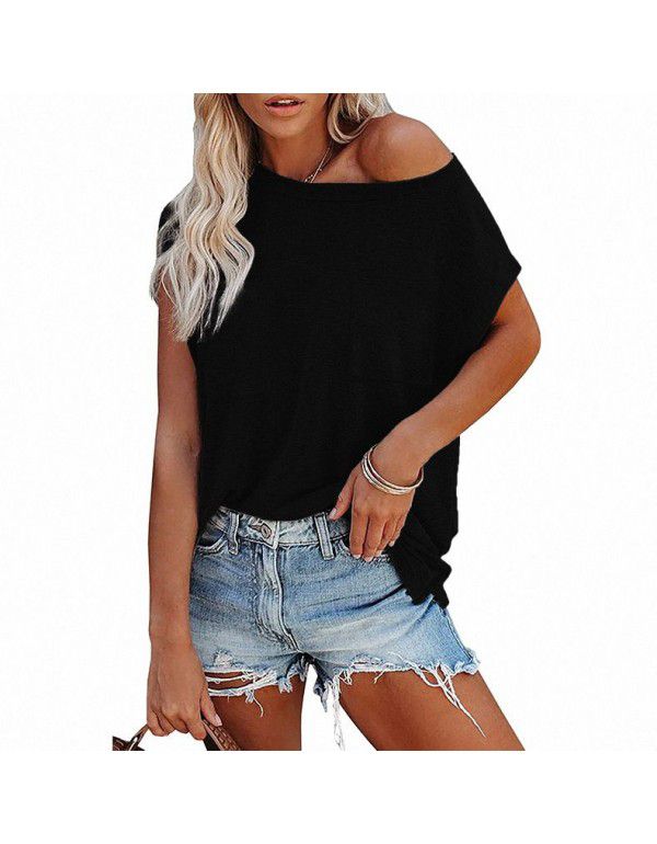 Summer Women's Top Solid Pocket Off Shoulder Round Neck Short Sleeve Women's T-Shirt 