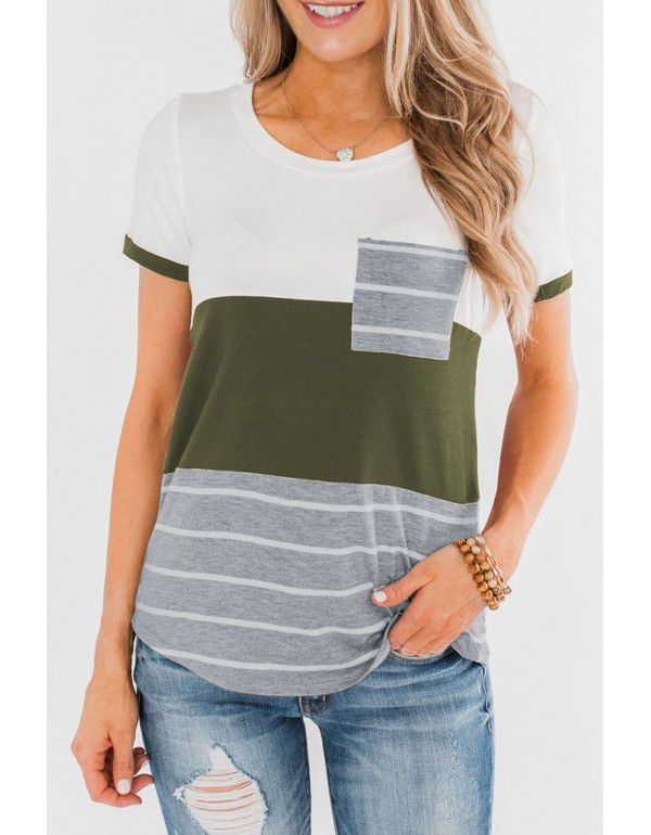 Spring and Summer New European and American Women's Top Popular Pocket Tri-color Panel Short Sleeve Stripe T-shirt Women