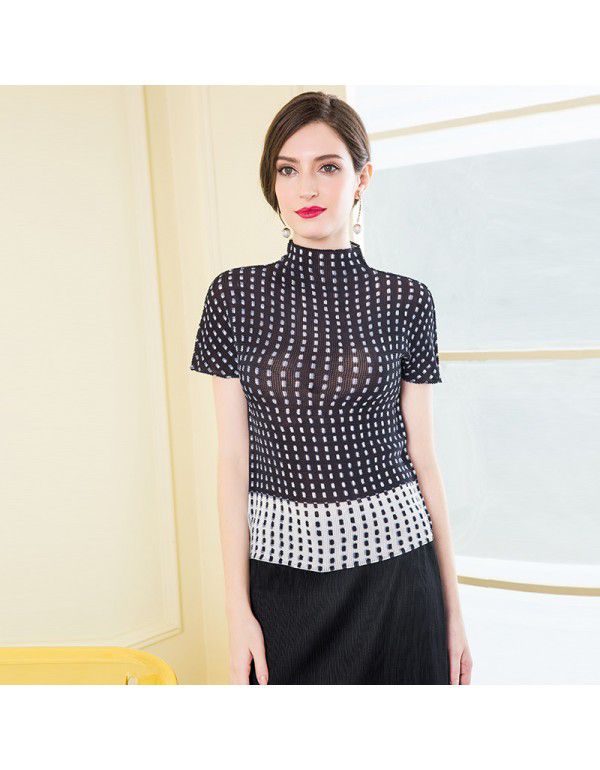 Three curtilage pleated top high neck T-shirt women's short sleeve summer new slimming and versatile bottom shirt for women's wear 
