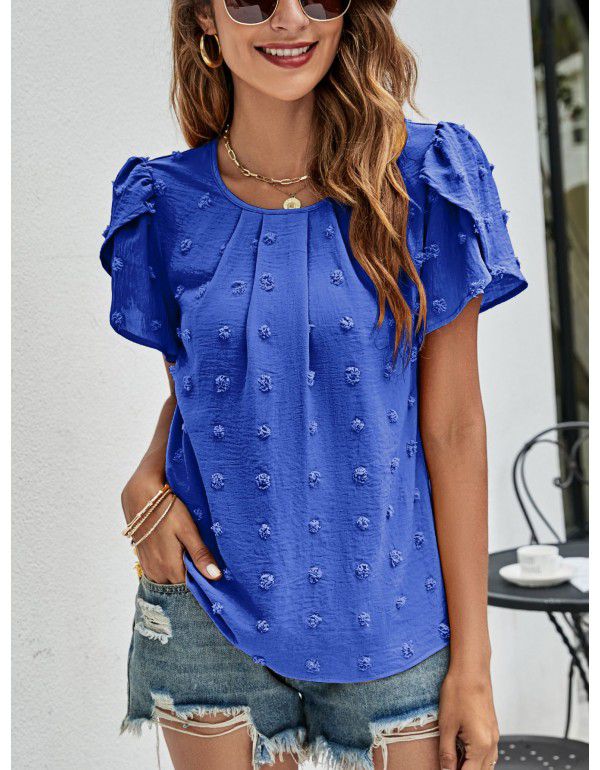 Summer New Round Neck Casual Tulip Sleeve T-shirt Jacquard Top Women