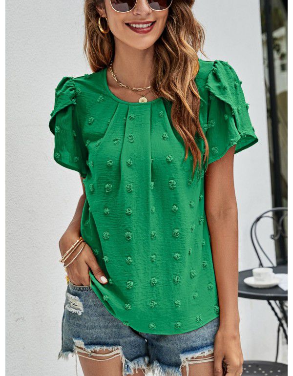 Summer New Round Neck Casual Tulip Sleeve T-shirt Jacquard Top Women
