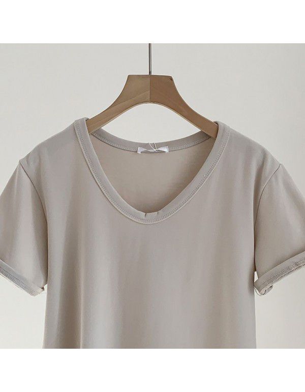 Spring New Style Korean Morandi Solid Color Versatile Short Sleeve T-shirt Women 