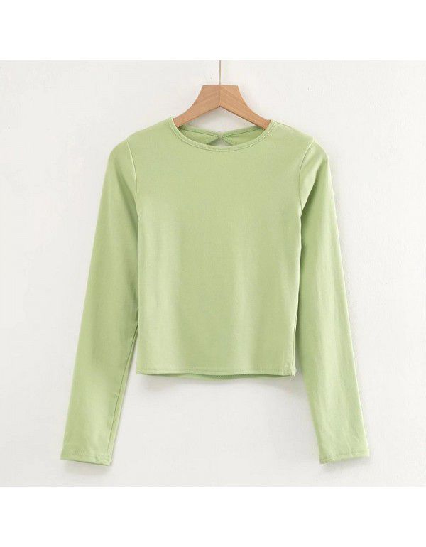Long sleeve T-shirt sexy water drop large open back fashion women's autumn and winter solid color round neck short slim top 