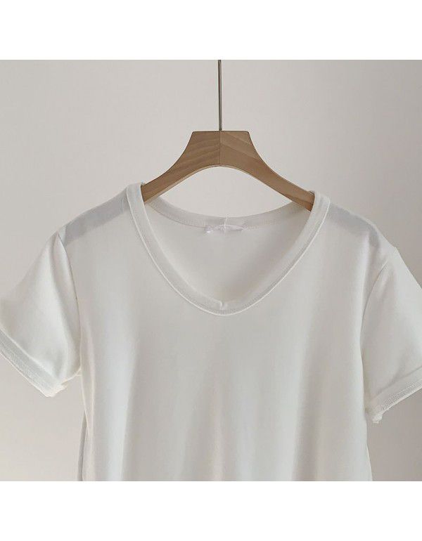 Spring New Style Korean Morandi Solid Color Versatile Short Sleeve T-shirt Women 