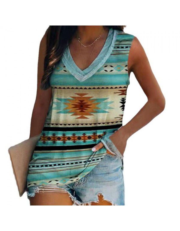 Summer New Vintage Ethnic Style European and American Women's Casual Sleeveless T-shirt