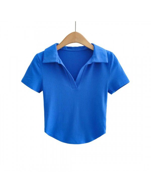Summer new style pure sexy slim short polo lapel solid color short sleeve T-shirt female 